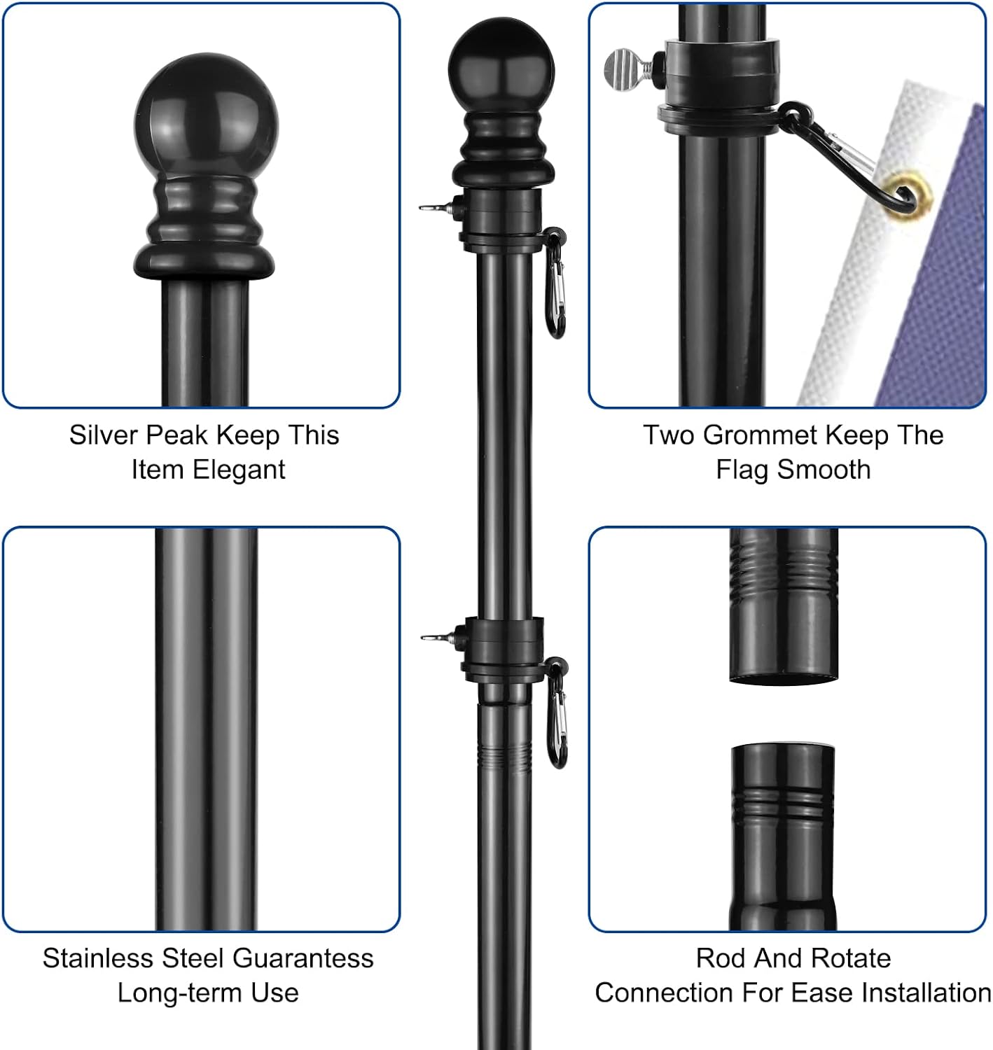 6FT Thickened Flag Pole Heavy Duty Stainless Steel Flag pole mounting Pole of metal,Rustproof for Outdoor/Garden/Yard/Truck/Boat/Wall/Tree (Black)