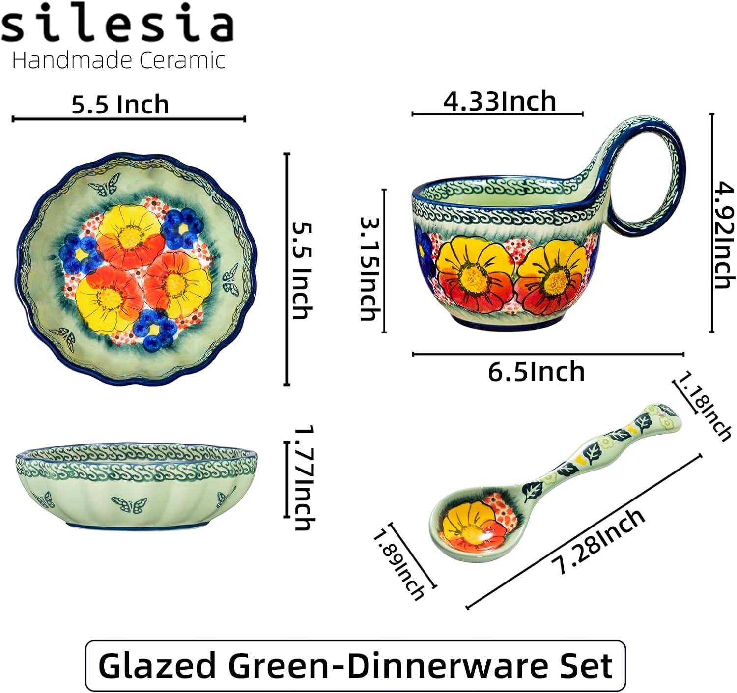 silesia Handmade Loop Handle Soup Bowl, Plate and Spoon Set Ceramic Hand Painted Cereal Bowl Great for Soup, Ice cream, Snack, Stew in Gift Box, Dishwasher & Microwave Safe, Glazed Green