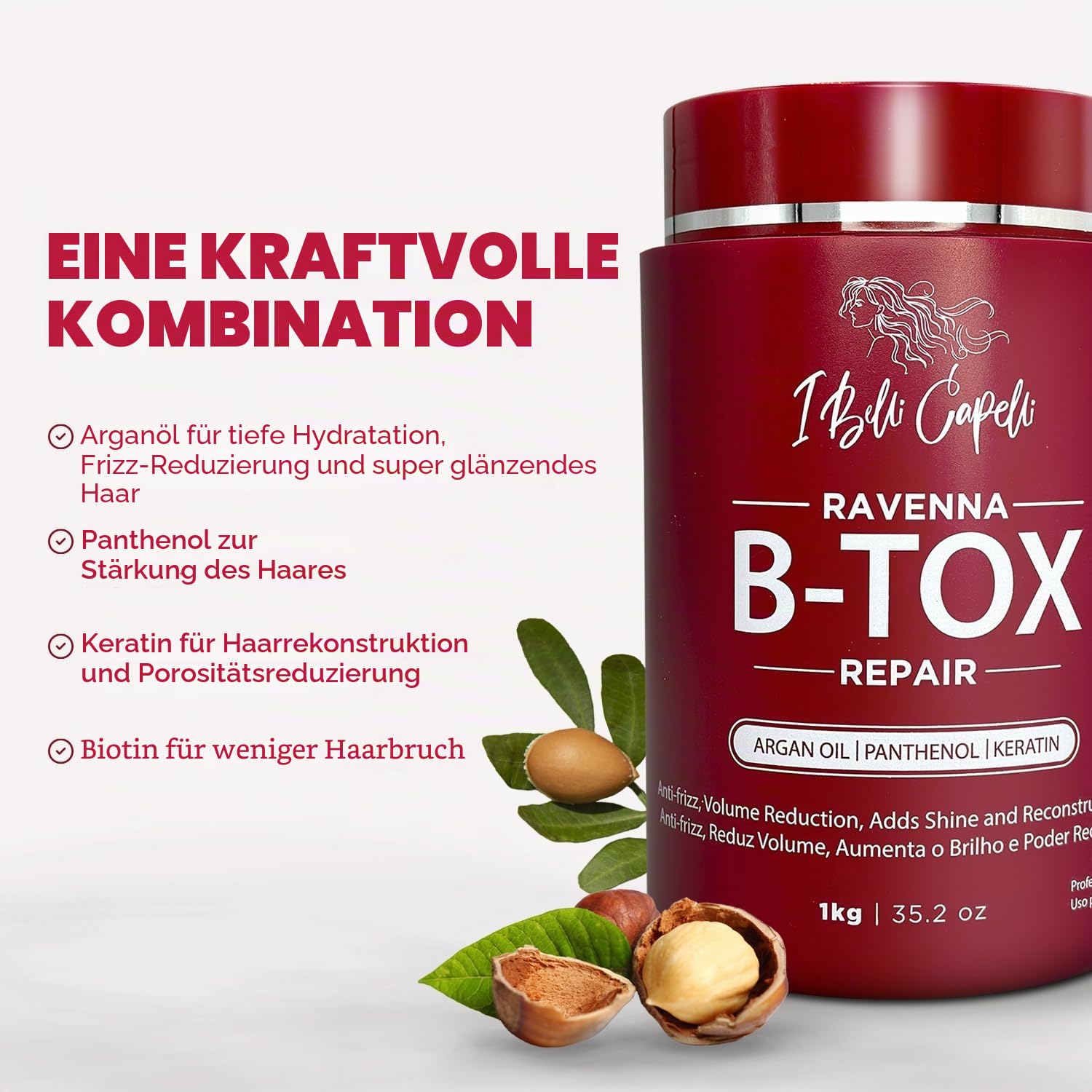 I Belli Capelli Ravenna Repair B-tox Hair Treatment Kit - Hair B-tox 1 kg/35.02 oz + Anti-Residue Shampoo 300 ml/10.1 fl.oz - Set von B-tox Capilar Para el Cabello & Clarifying Shampoo für eine