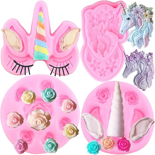 ZiXiang Molde de silicona de unicornio con orejas de unicornio, moldes de fondant, molde de caramelo de flor de rosa para decoración de pasteles,