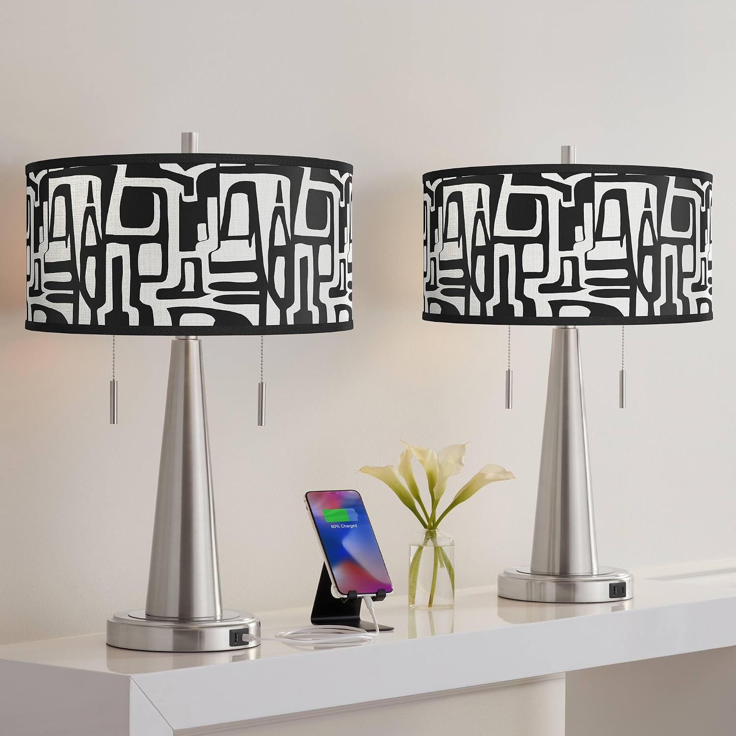Giclee Glow Tempo Vicki Brushed Nickel USB Table Lamps Set of 2 with Print Shade
