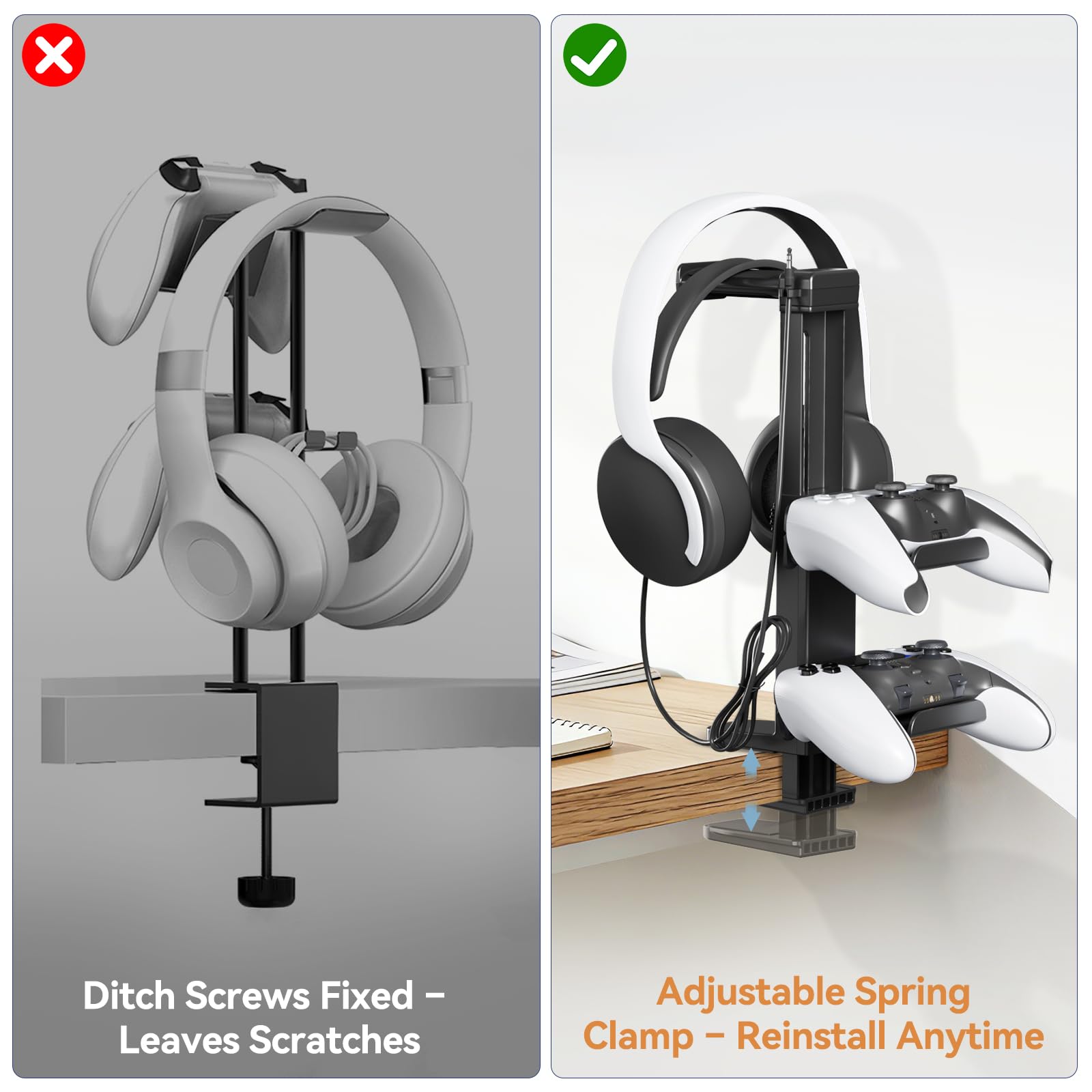 Kosker Porta Cuffie e Joystick da Scrivania con Altezza Regolabile, Supporto Controller da Sopra e Sotto il Tavolo per PS5/Xbox/Switch, Support Accessori Scrivania con Rotazione a 360°