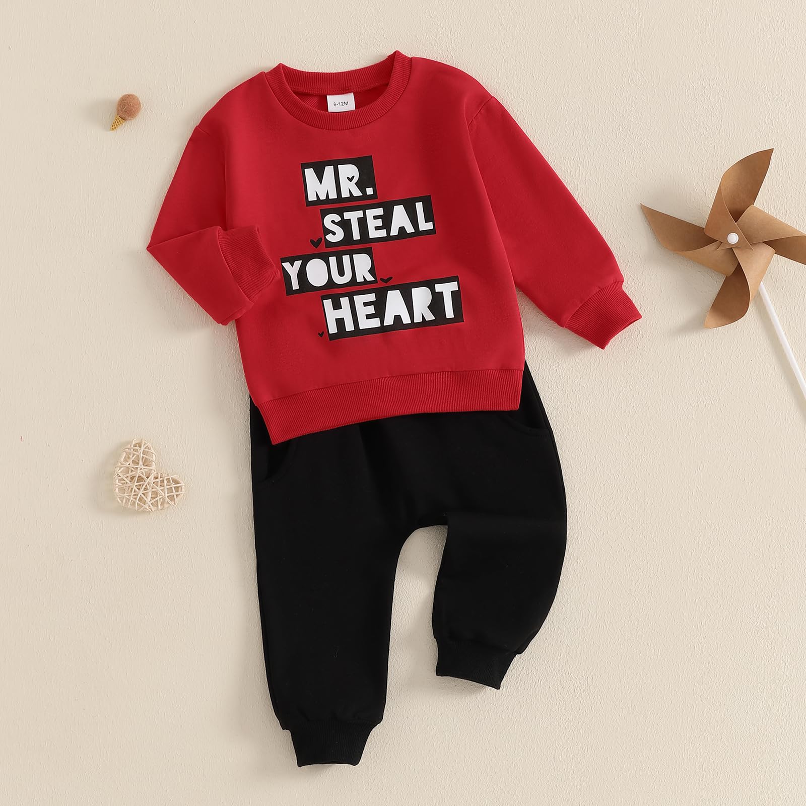 Toddler Baby Boy Valentines Outfit Long Sleeve Steal Your Heart Shirt with Pants 2Pcs Kids Baby Boy Red Outfits (Red, 18-24 Months)