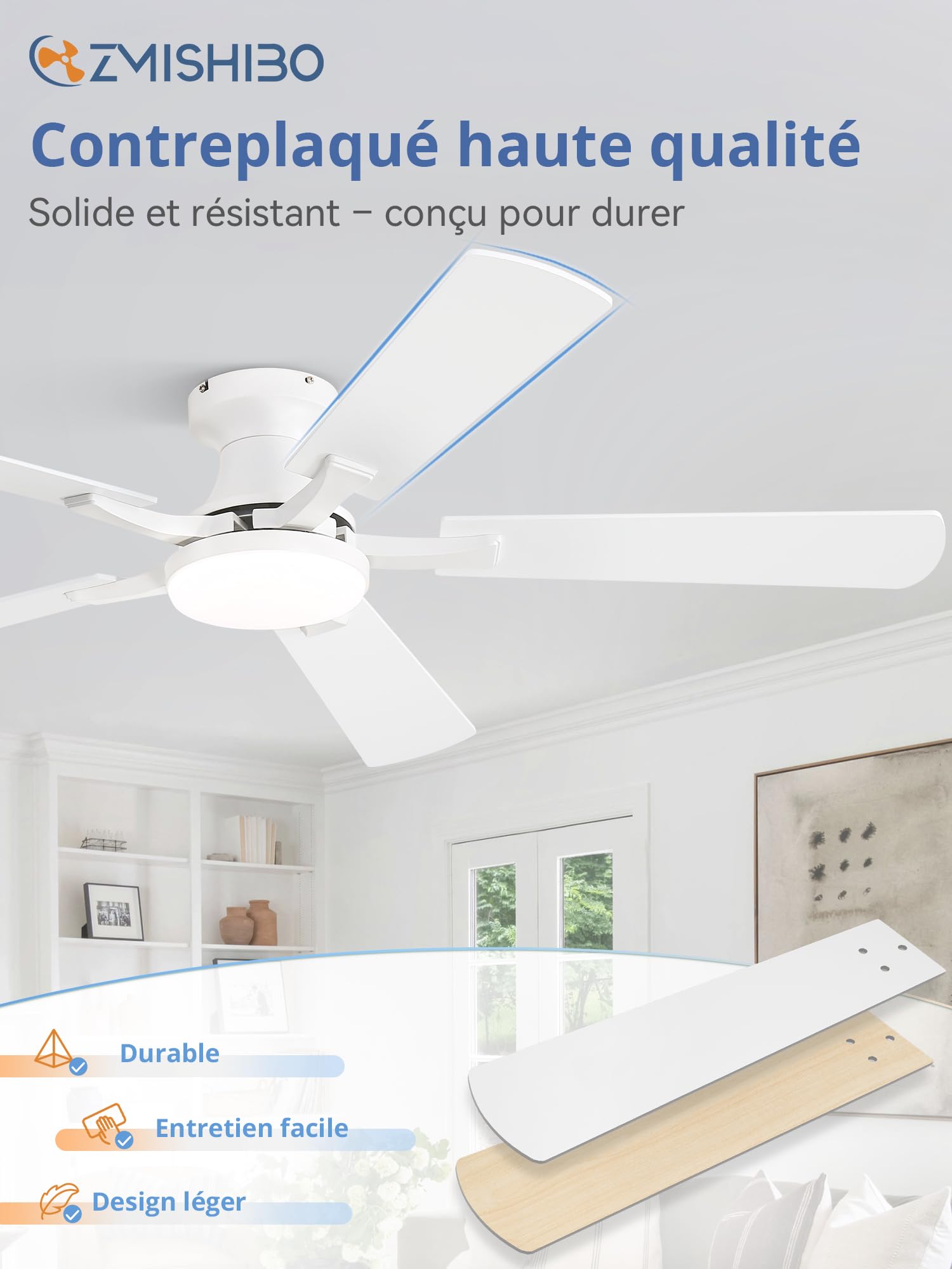 ZMISHIBO Ventilateur de Plafond avec Lumière 132 cm, Ventilateur Silencieux avec Télécommande et App, Plafonnier Ventilateur Design Plat, LED 20W Dimmable, Moteur DC Réversible, Blanc/Bois