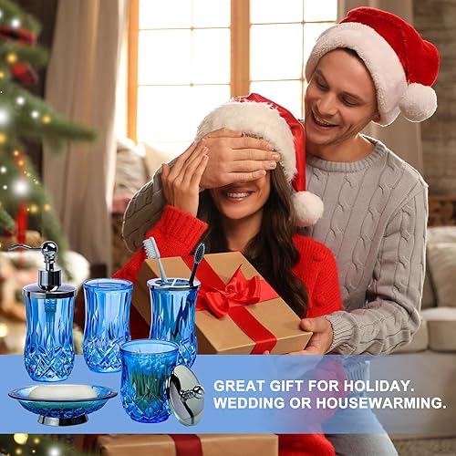 Miniatura 7 de Juego de 5 accesorios de baño azules y plateados con dispensador de jabón de loción, jabonera, soporte para cepillos de dientes, vaso de baño,