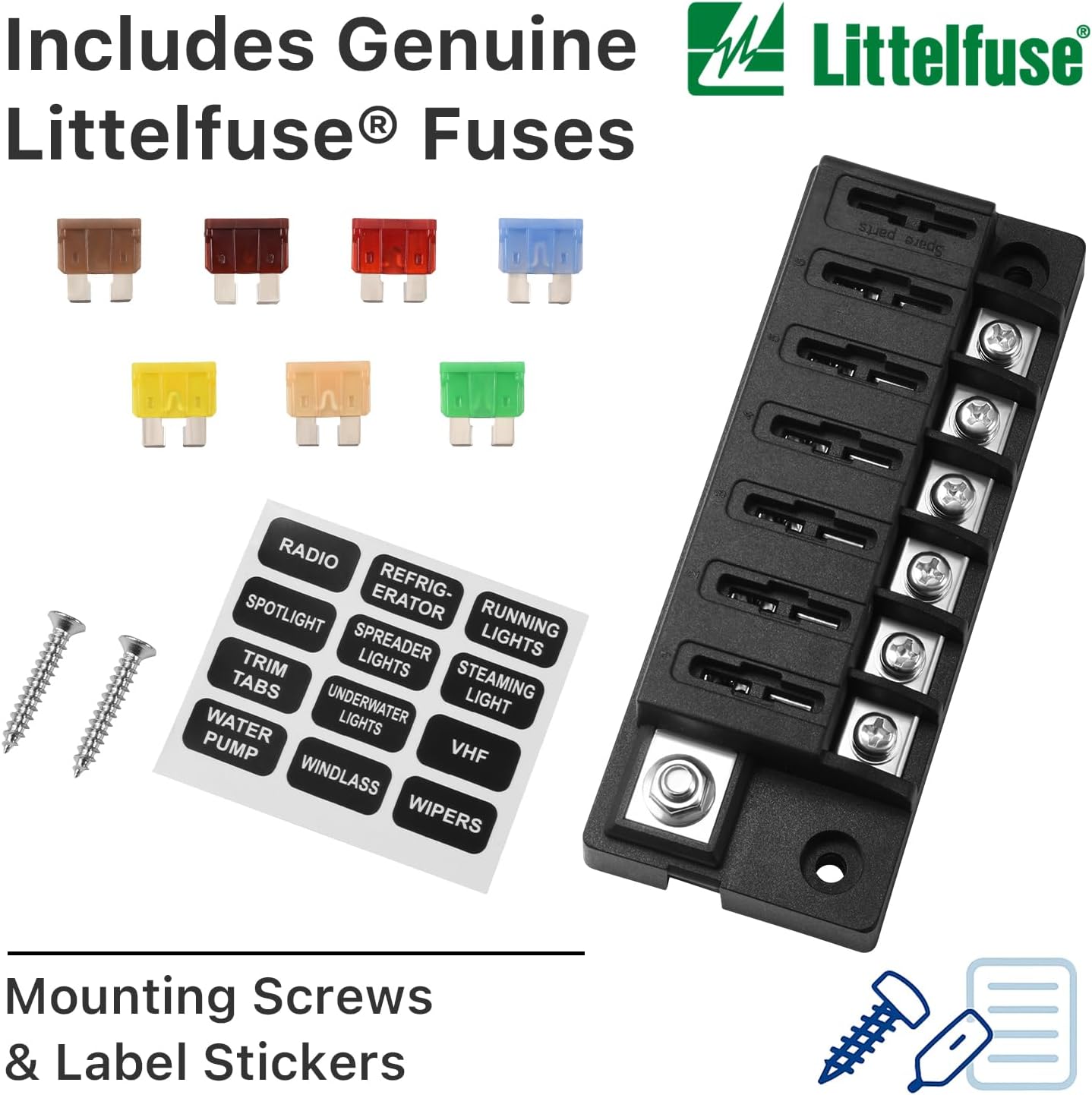 6 Circuit Fuse Box with Cover, 150A Total, 12V/24V/48V DC for Automotive, RV & Marine