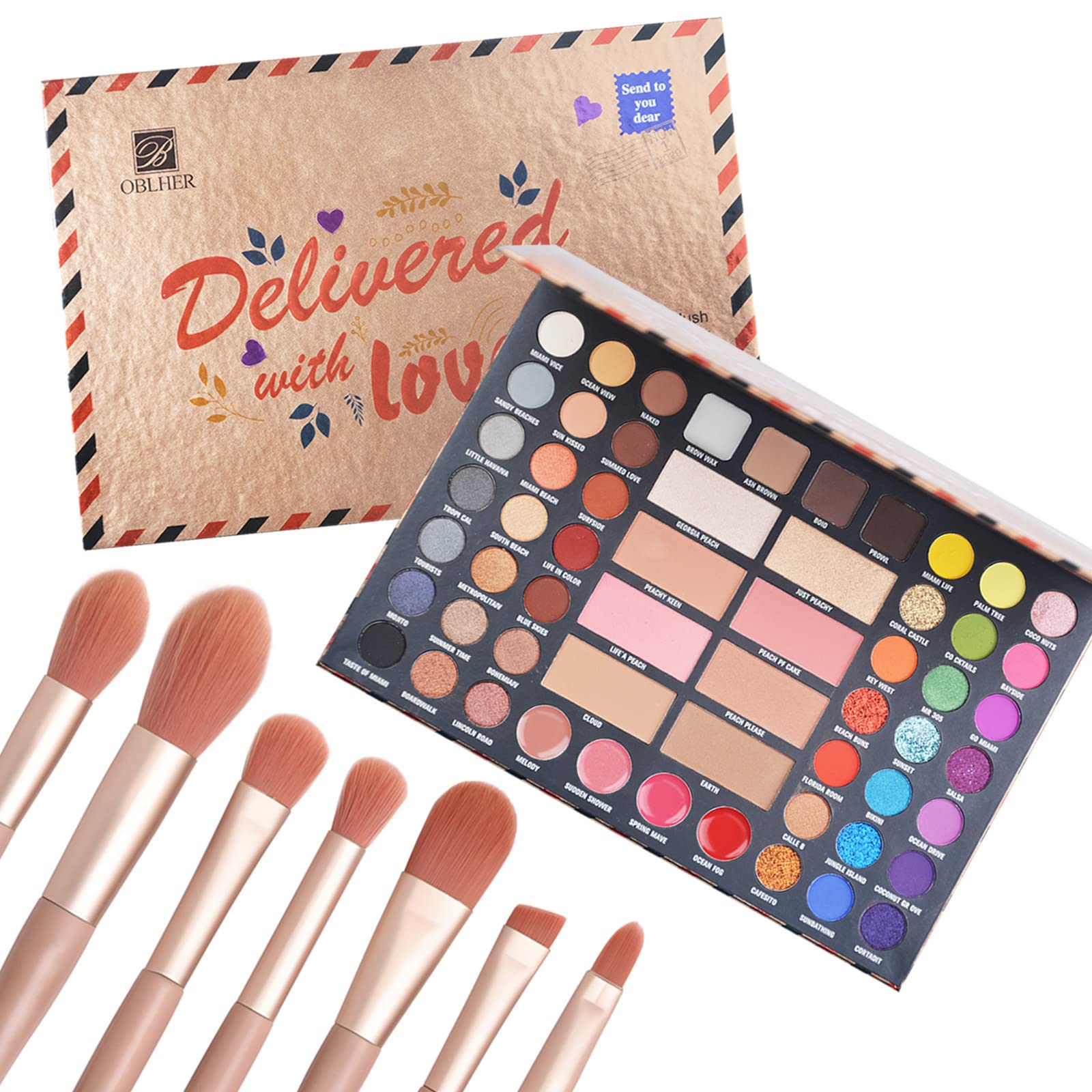 42 Colors Eyeshadow Palette with 7 Makeup Brushes Set Waterproof and sweat-proof Blush Face Powder Lip Gloss Highlighter Eyebrow Powder All in One Gift Kit
