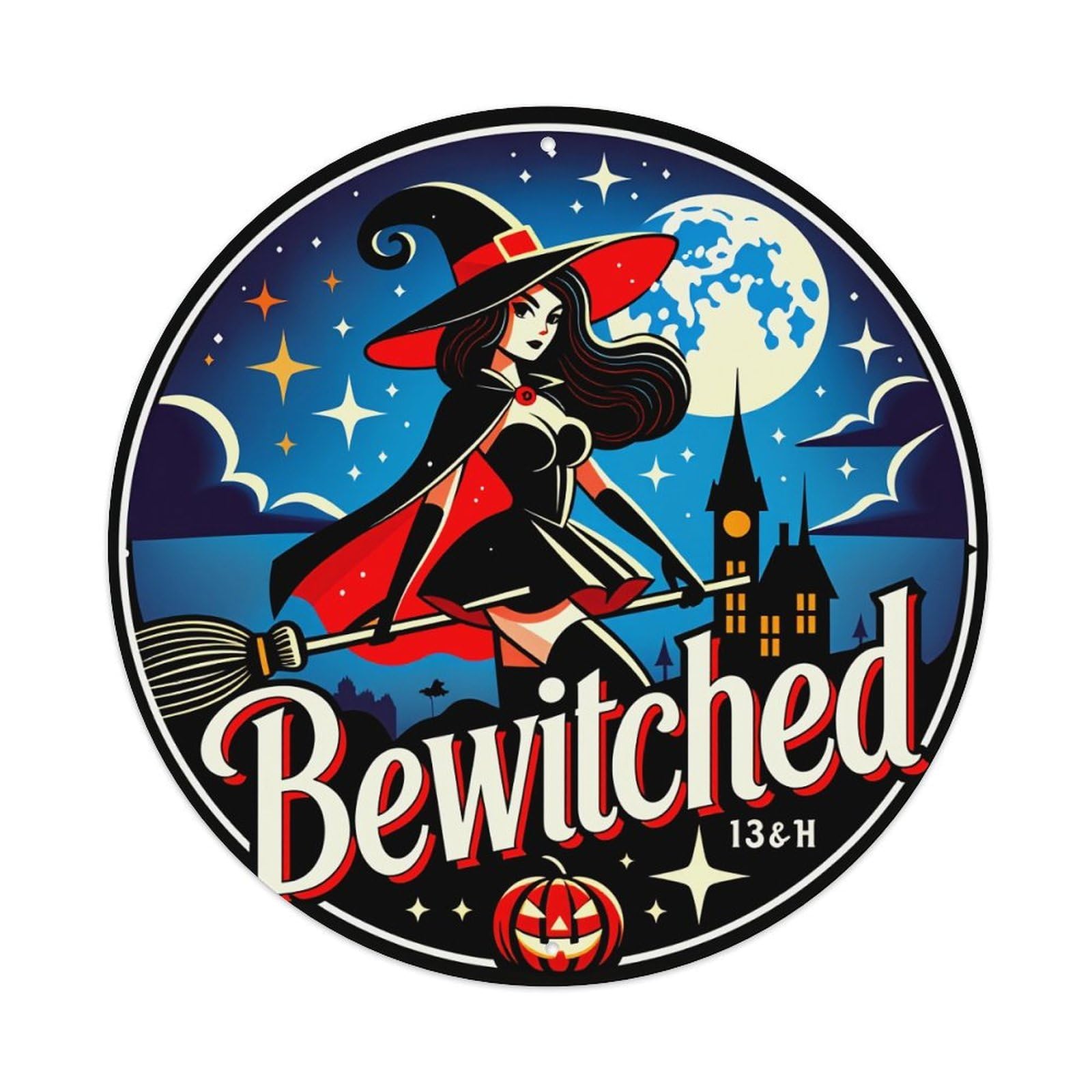 Witch Flying On Broom Night Sky Round Tin Sign Vintage Metal Poster Retro Bar, Home, Man Cave, Kitchen, Laundry Room Wall Art Decor Gift 8x8Inch