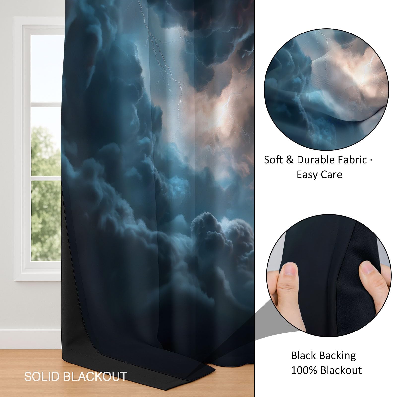 Rideau Occultant Gris, Style Fantastique Nuages Sombres Éclairs Rideaux à Oeillets, Rideau Thermique Isolant Anti Froid et Chaleur pour Salon Chambre Fenetre Décoration 110L x 215H cm Lot de 2