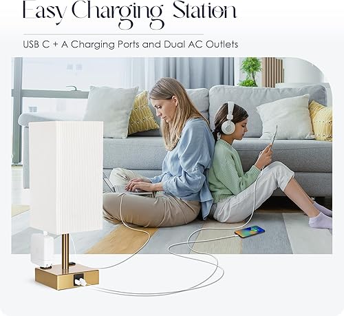 Miniatura 6 de Soilsiu Juego de 2 lámparas de mesita de noche de 3 vías regulables con puerto de carga USB C y USB A, 2 salidas de CA, bombillas LED de 3000 K