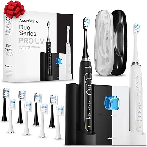 AquaSonic DUO PRO - Cepillos de dientes eléctricos inteligentes ultrablanqueadores 40,000 VPM, aceptado por ADA, 4 con temporizador, desinfección UV