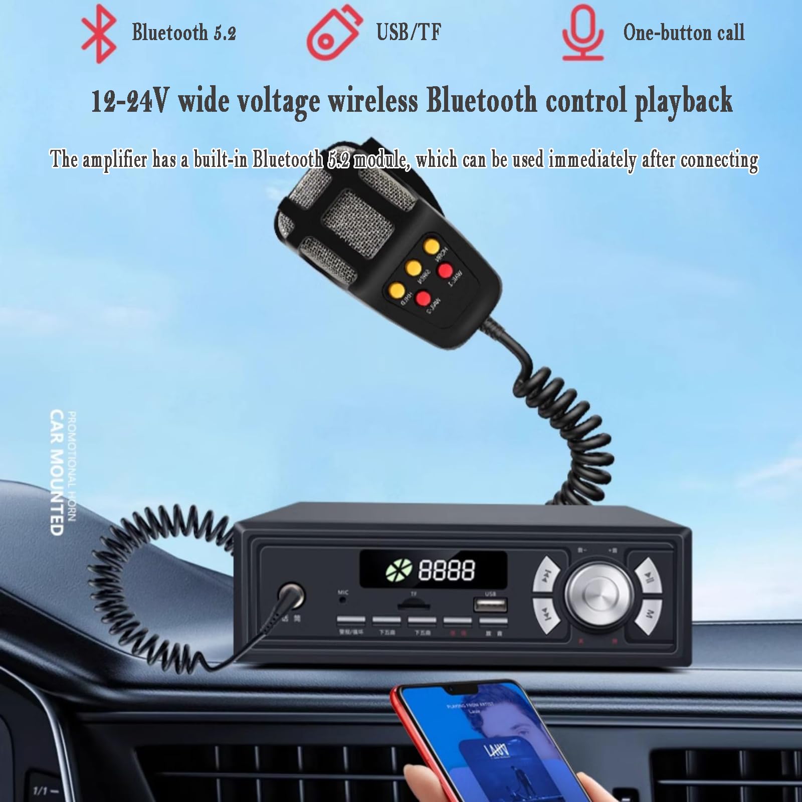 Megáfono para Coche 400 W Altavoz Publicidad Techo con Amplificador Bluetooth USB/TF 4 Tweeters 4 Woofers