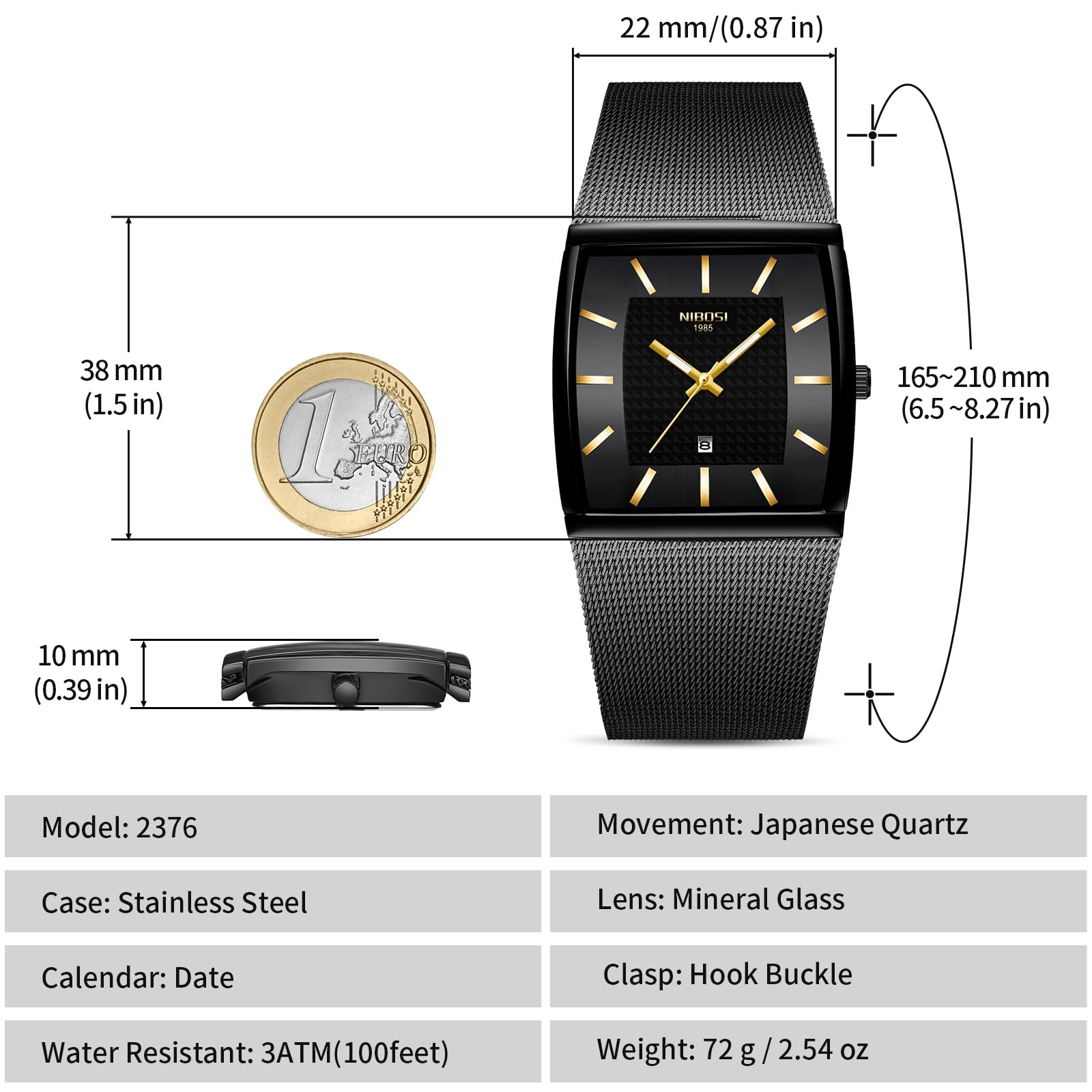 NIBOSI Orologi da uomo Orologi analogici quadrati al quarzo in acciaio inossidabile per uomo Cinturino a maglia Impermeabile Orologio sportivo da lavoro con datario