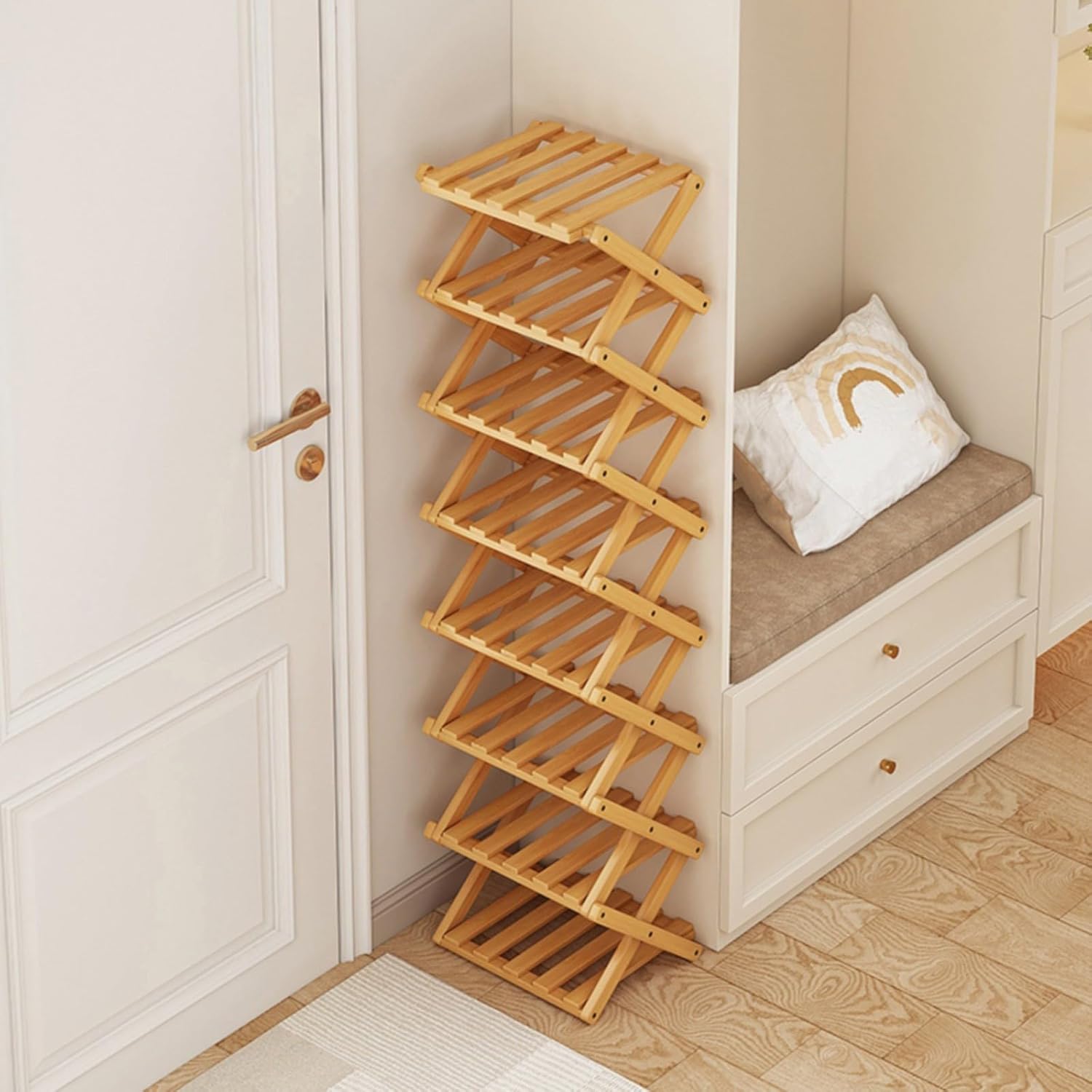2/3/4/5/6/ Tier Foldable Shoe Rack Wood Freestanding Narrow Shoe Storage Shelf No Assembly Shoes Organizer for Corner Bedroom Closet