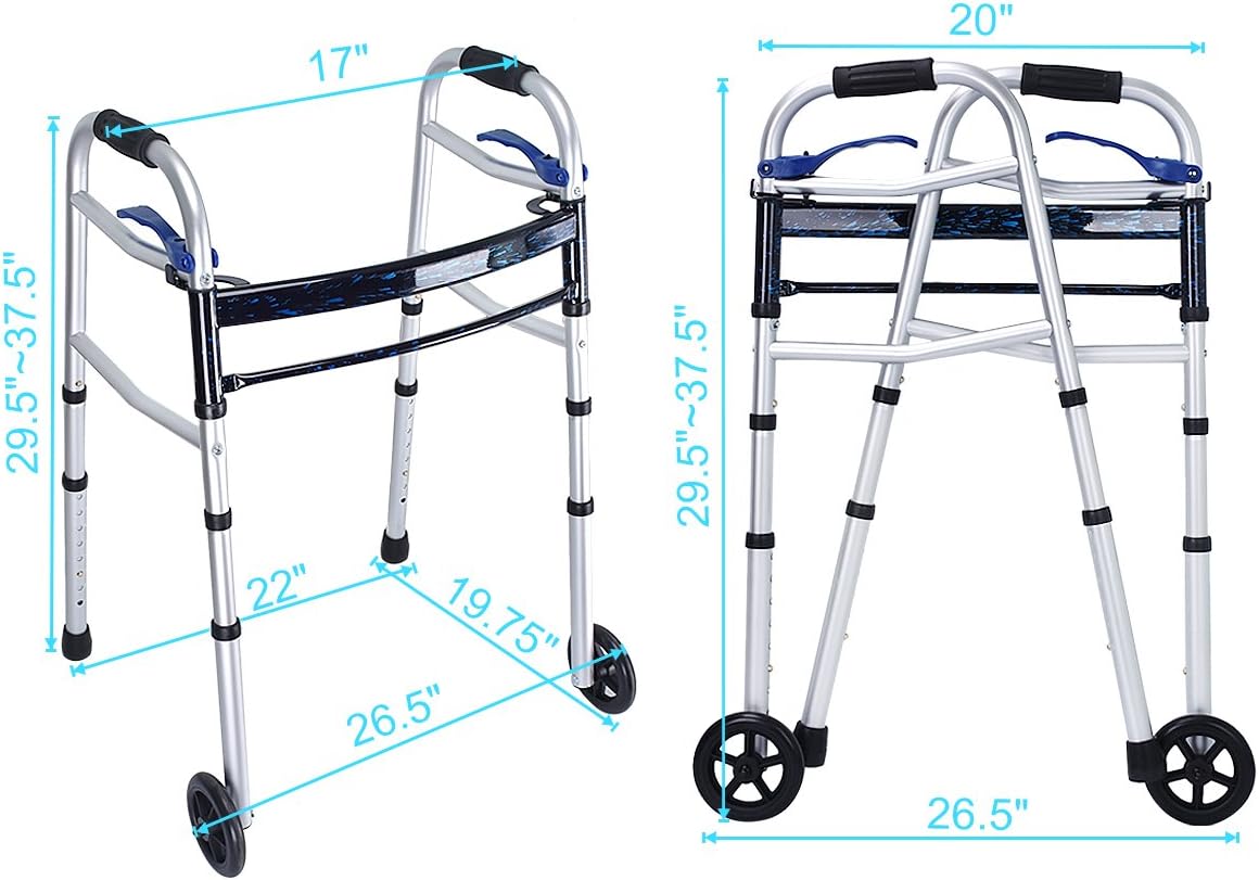 Health Line Massage Products Compact Folding Walker for Seniors, Foldable Walker Supports up to 350 lbs with 5 inch Wheels and Trigger Release (Ski Glides Included) : Health & Household