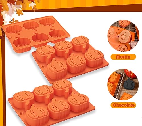 Miniatura 4 de Molde de calabaza para muffins, paquete de 3 moldes de silicona para pastel de calabaza, mini bandejas para tartas, moldes de Acción de Gracias,