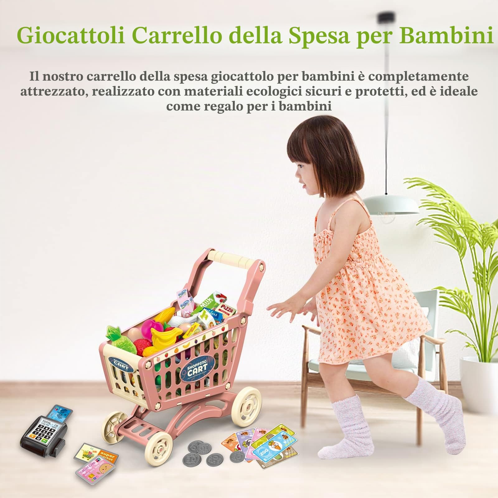 RedCrab Carrello Spesa Bambini Giocattolo, Set di Accessori per Negozio da 54 Pezzi Supermercato Giocattolo per Bambini, Regalo per Giocattoli Educativi