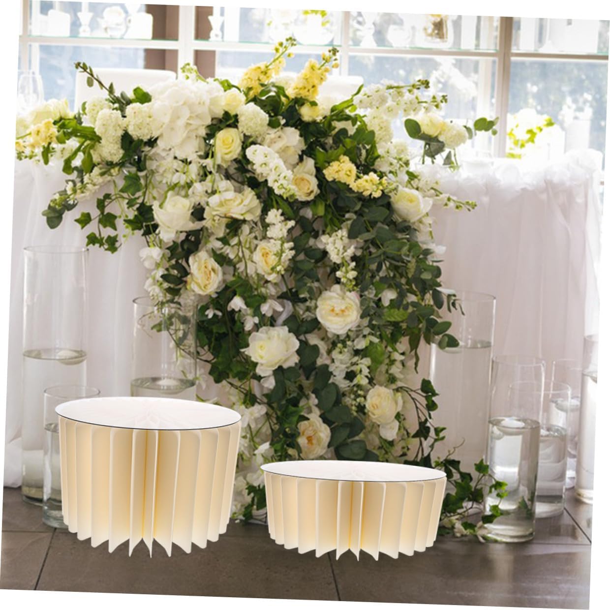 Uonlytech 2pcs White Foldable Cylinder Pedestal Stands 30cm Diameter X 20cm 40cm High Paper Cake Cylinder Pedestal for Party Table Decoration and Wedding Centerpiece Display