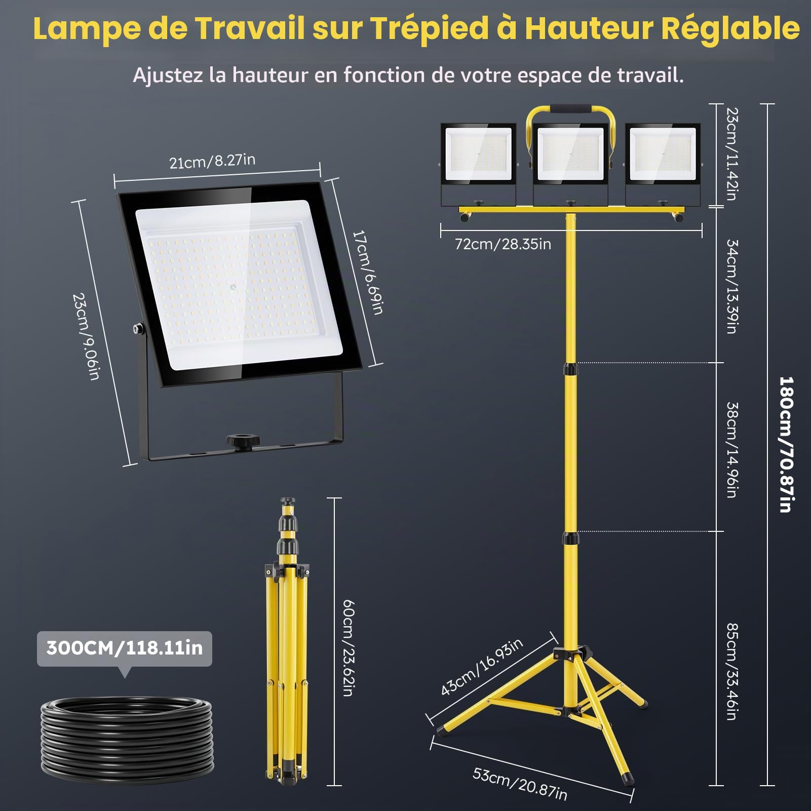 300W Projecteur LED Chantier avec Trépied, 3x100W 30000LM Projecteur de Chantier 6500K 4500K 3000K, Hauteur Réglable de 85-180cm, Étanche IP66 Lampe de Chantier pour Chantier Garage Atelier