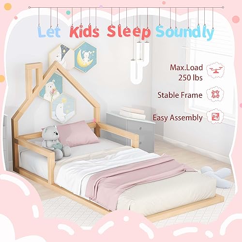 Miniatura 3 de Cama de suelo para niños, cama Montessori de tamaño individual con cabecera y barandillas en forma de casa, cama de madera con listones para niños y