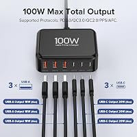 Zomvan 100W USB-C Gyorstöltő 6 Portos Töltőállomás - 3 USB-C és 3 USB-A Port iPhone 16/15/14, Samsung S24/S23, iPad Kompatibilis Fekete Tölt 5