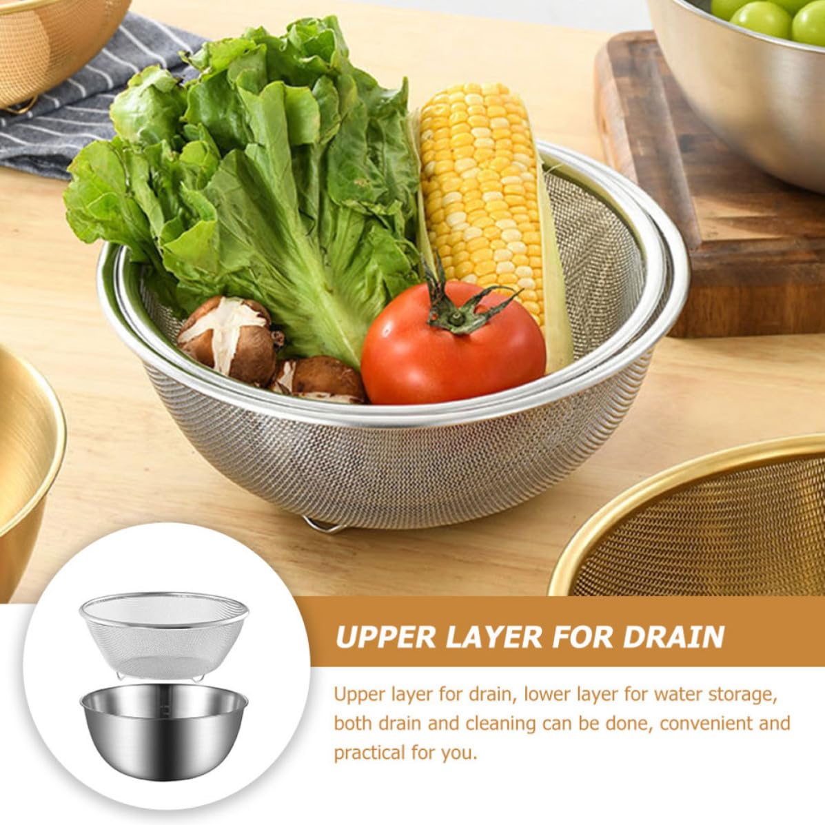 OSALADI Set 2 Pezzi Scolapasta e Ciotola in Acciaio Inox per Lavare Riso e Frutta, Fondo Piatto Stabile e Antiscivolo per Uso Domestico in Cucina