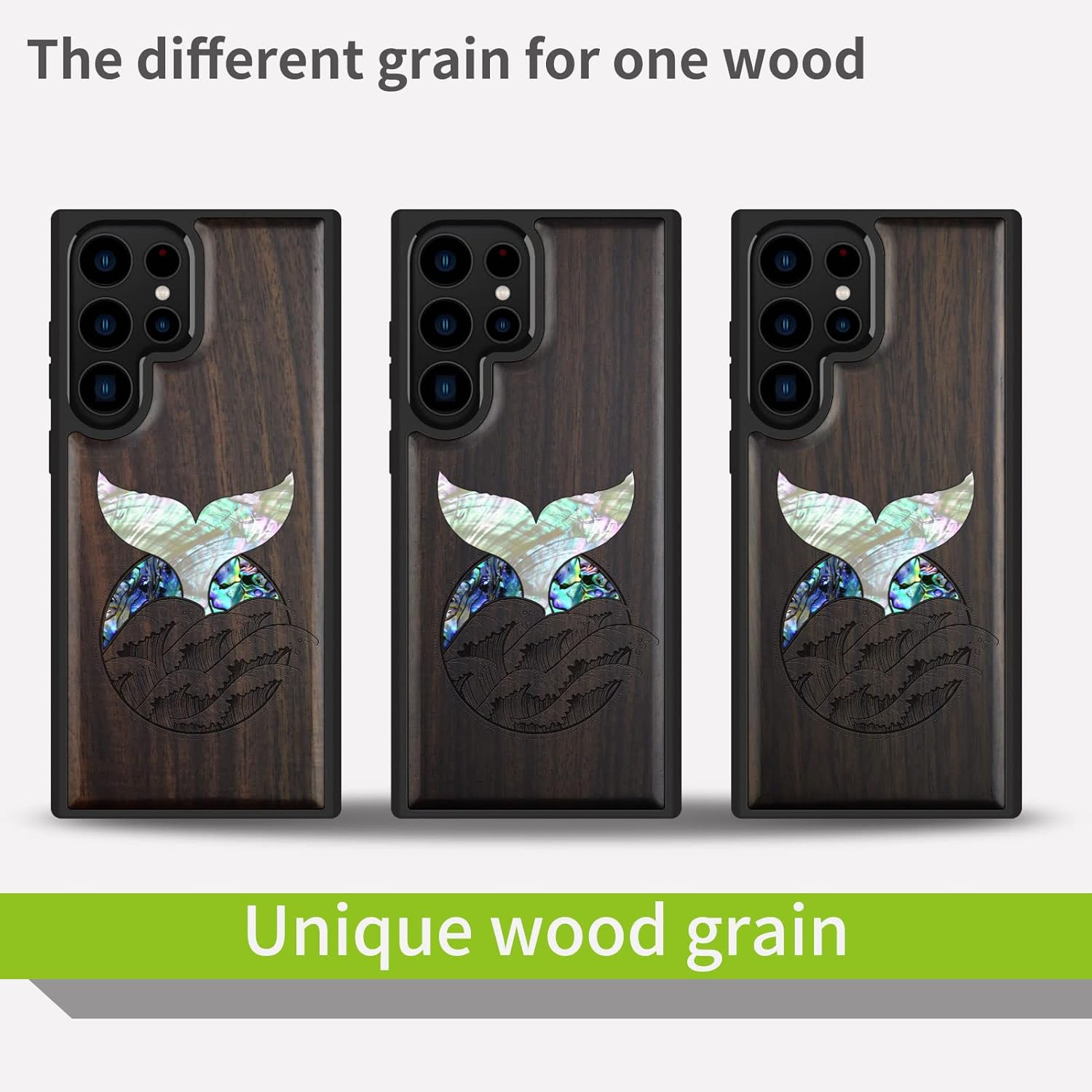 Carveit Designer Wooden Case for Samsung Galaxy S23 Ultra Cover [Wood Engraving & Shell Inlay] Wood Phone Case Compatible with Wireless Chargers Galaxy S23 Ultra Case (Whale Tail-Blackwood)