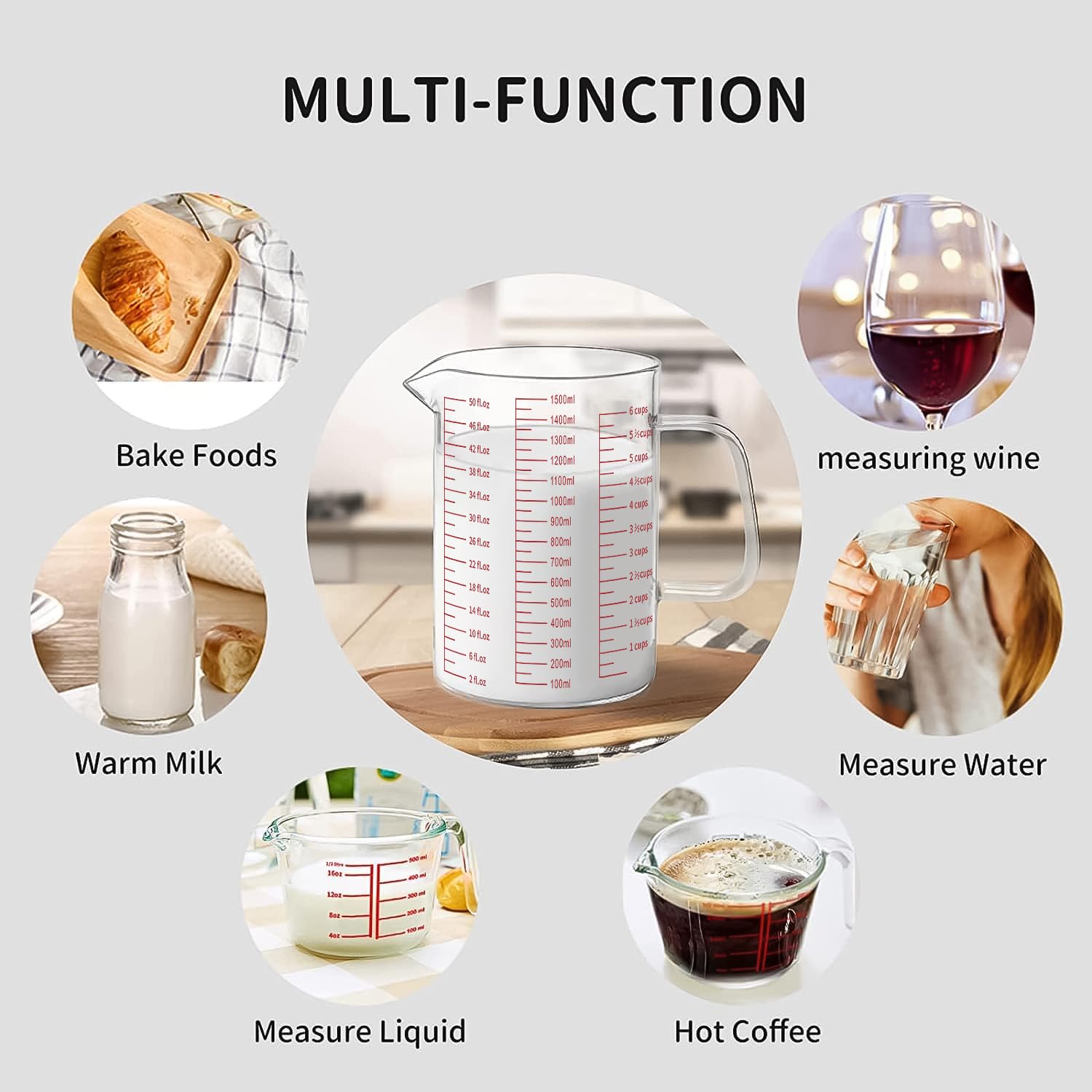 Luvan Taza medidora de vidrio de 6 tazas, fácil de leer con 3 escalas de medición (Ml/oz/taza), mango aislado y boquilla en forma de V, taza medidora de vidrio de borosilicato alto, ideal para cocina