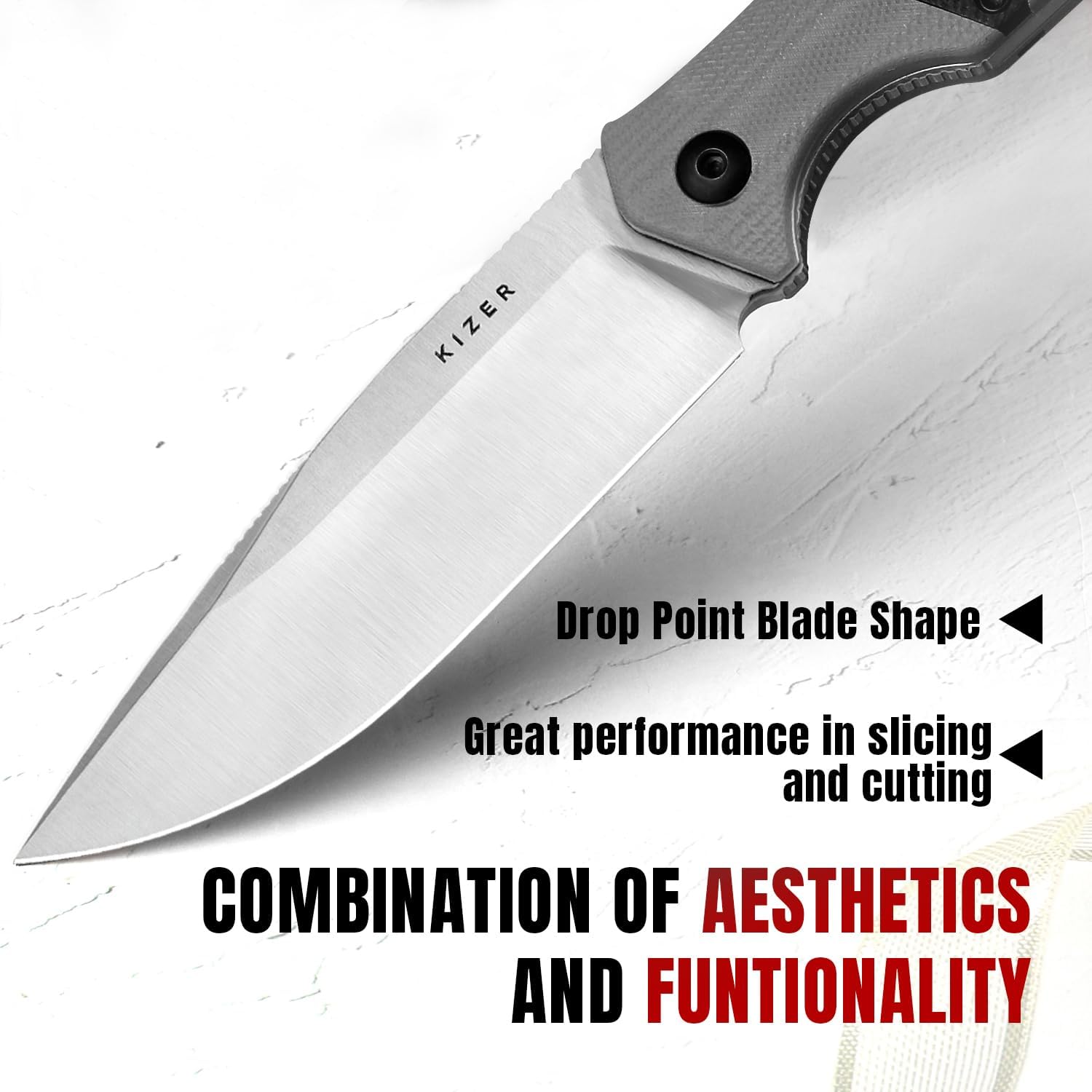 Kizer Militaw Fixed Blade Knife with Sheath, D2 Steel Blade, G10 Handle, EDC for Men & Women, Outdoor, Hunting, Hiking, Survival, 1067M1