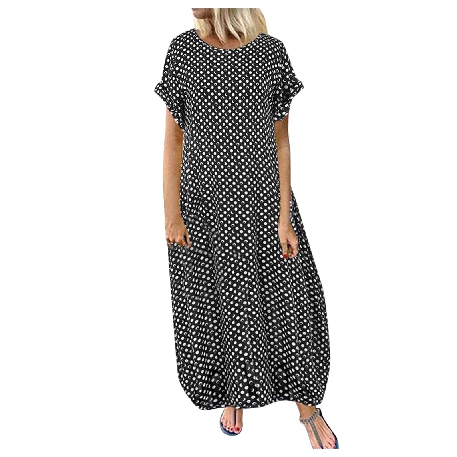 PAOLIAN_Vestido Para Mujer Vestido Mujer Impresión de Lunares de Talla Grande Verano Casual Manga Corta Cuello Redondo Bohemio Largo Verano Playa Fiesta(S-5XL)