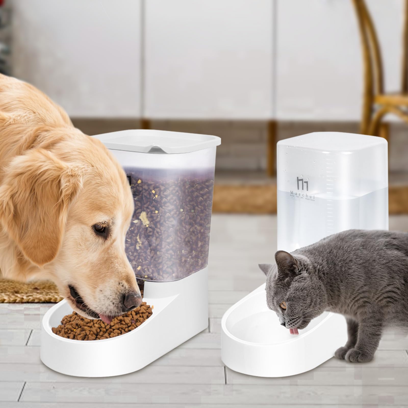 Marchul Dispensador para Gatos y Perros, Comida y Agua, Pack 2 Unidades, Comederos Automáticos, 3.8 L c/u, Comedero, Alimentador y Bebedero para Mascotas (Alfombrilla de Silicona)