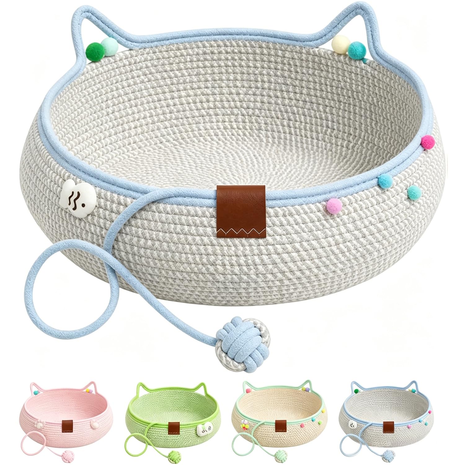 Ravionelle Cat Basket Bed with Cushion & Hanging Ball Toy, Handwoven Cotton Rope Cat Bed Basket, Breathable Interactive Cats Basket Bed with Ear Handles for Cats Small Dogs (Blue,M)