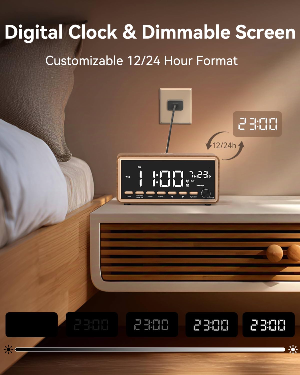 WamGra Radio Réveil Numérique, Chargeur sans Fil, Enceinte Bluetooth FM | Vintage Réveil Matin en Bois, Double Alarme, Machine Bruit Blanc Adulte Bébé, Idée Cadeau Homme Femme Père Anniversaire