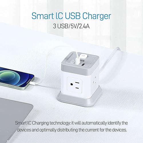 Miniatura 5 de FDTEK - Regleta de alimentación con USB, cable de extensión de enchufe plano con 4 salidas y 3 USB (1 USB C), estación de carga de escritorio de 5