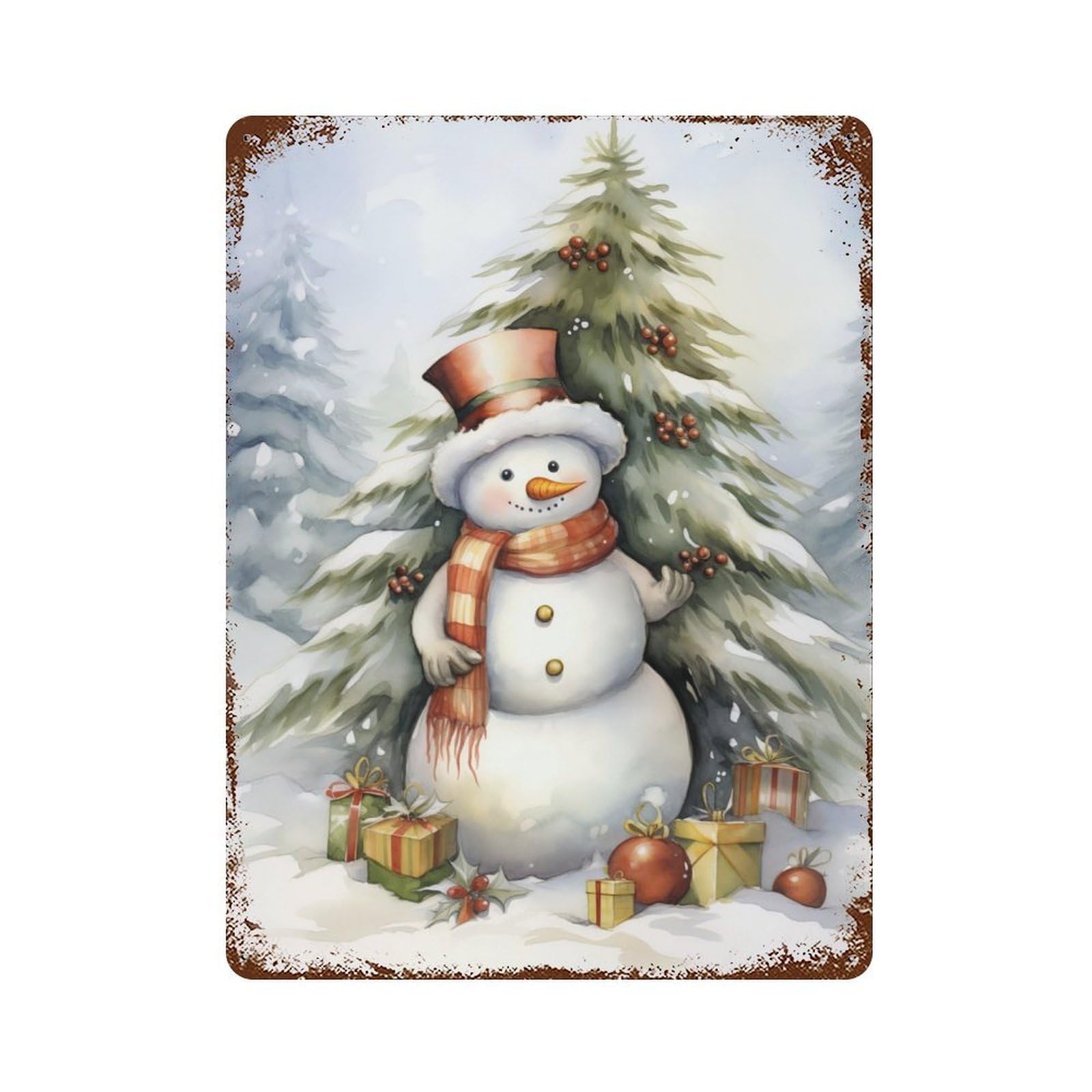 Distressed Metal Wall Sign Watercolor Snowman 15.7"x11.8", Vintage Wall Decor for Garage, Bar And Workshop Decor