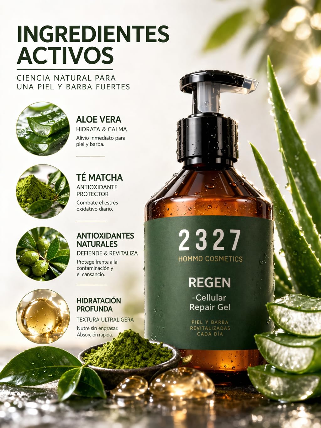 REGEN Gel Hidratante Facial Hombre Sin Grasa | Aloe Vera + Té Matcha | Piel Cansada, Cara y Barba | After Shave y Afetr Sun Refrescante | Absorción Rápida | 200 ml