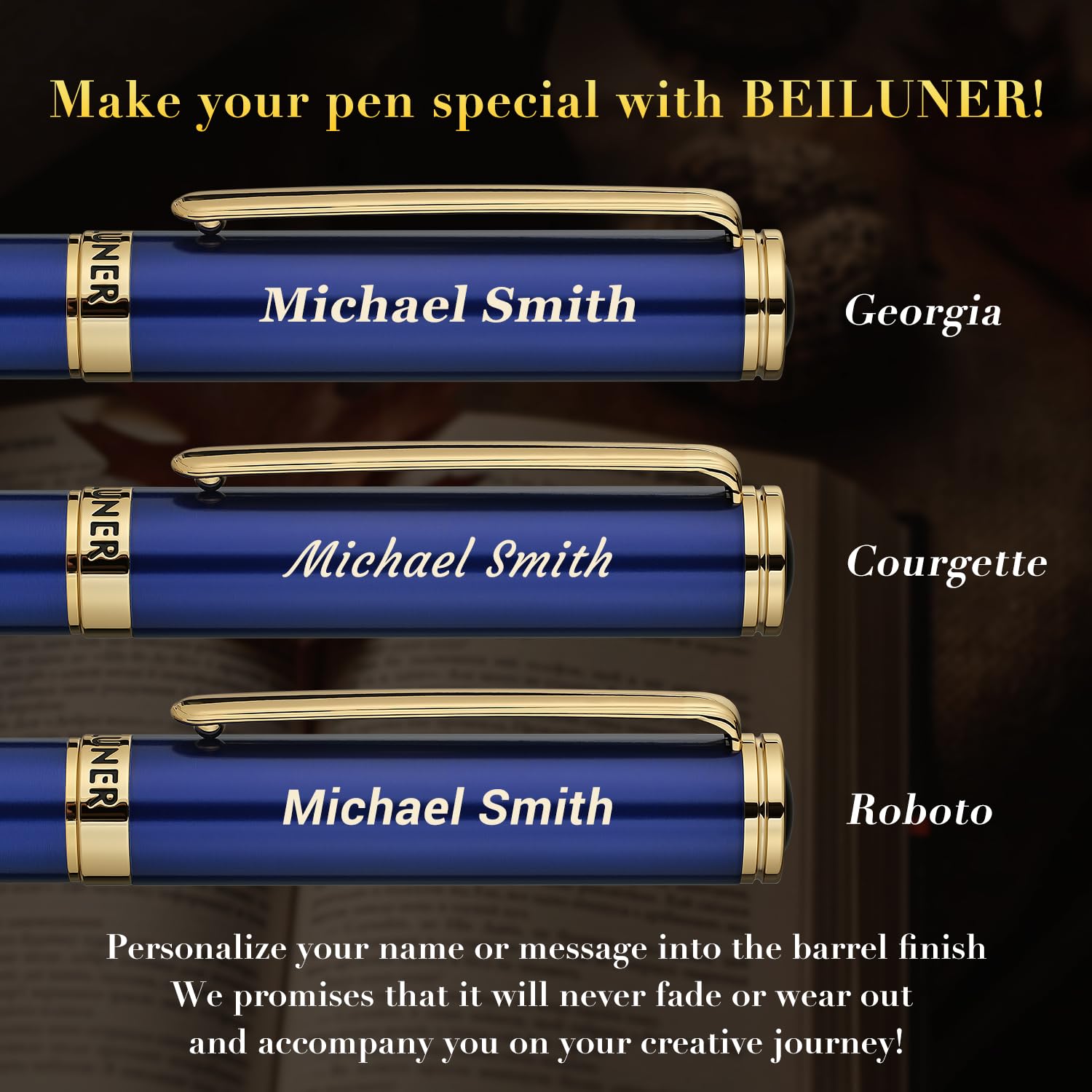 BEILUNER Blue Personalized Fountain Pen Stunning Luxury Lacquer 24K Gilded Nib Fine Gorgeous 24K Gold Finish Ink Converter — view 2