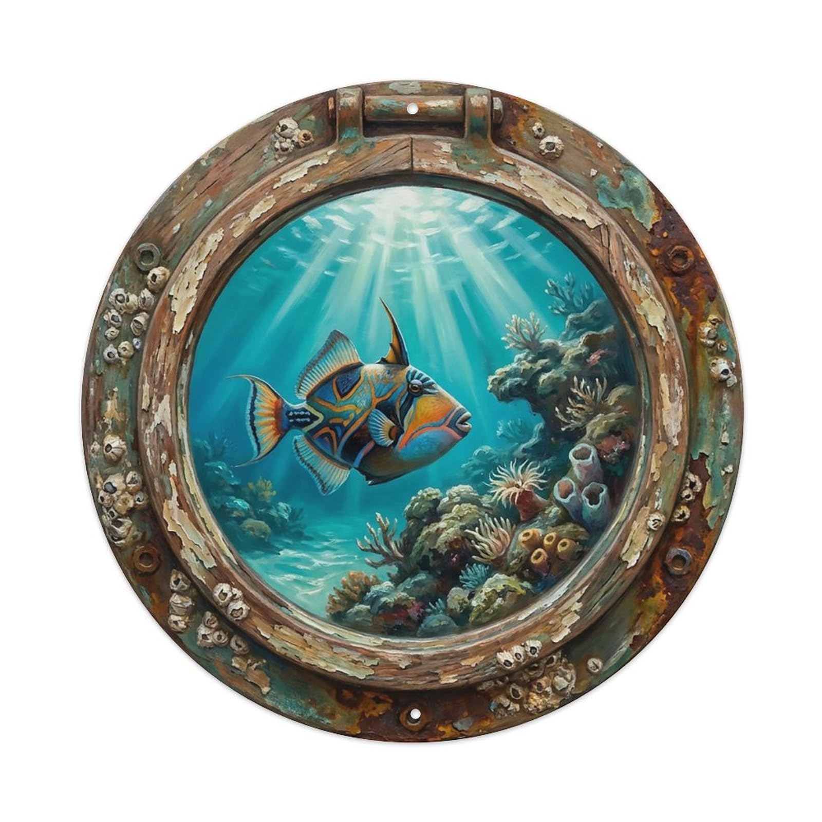 Vintage Porthole Triggerfish Reef Ship Window Undersea Deep Sea Metal Tin Sign