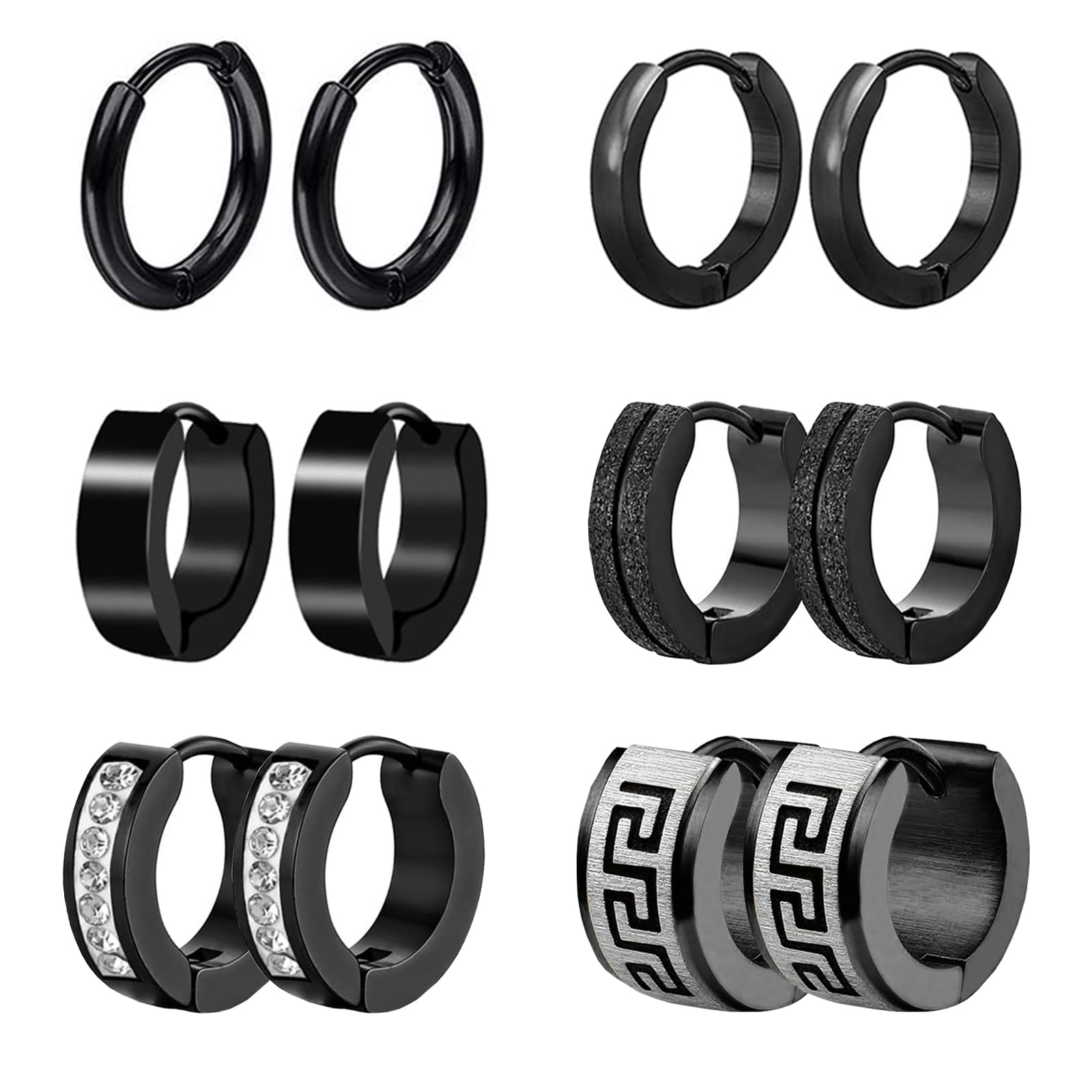 VELESAY 6 Pares Pendientes Aro Hombre Pendientes Acero Quirurgico Negros Pendientes de Aro Aretes para Hombre Punk Negro Pendientes Hombre Mujer