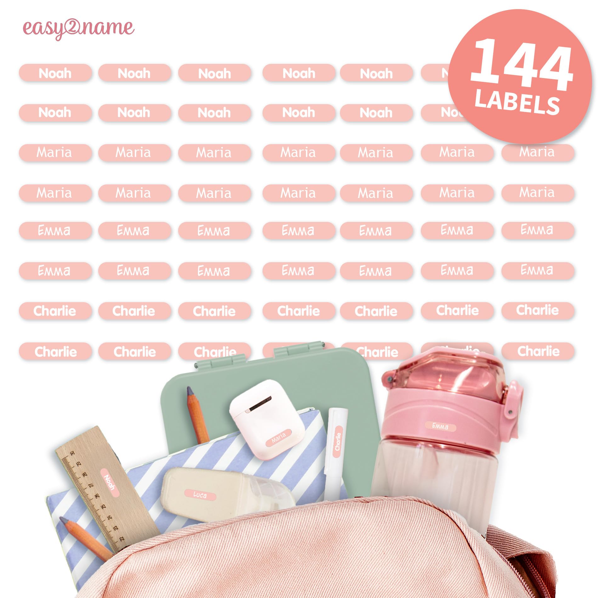Easy2Name - Personalised mini XS Name Labels - Waterproof Name Stickers for Children and Adults - Ideal as Name Stickers in The Office, Workshop or School - 20x4mm - Coloured (Light Rose, 144)