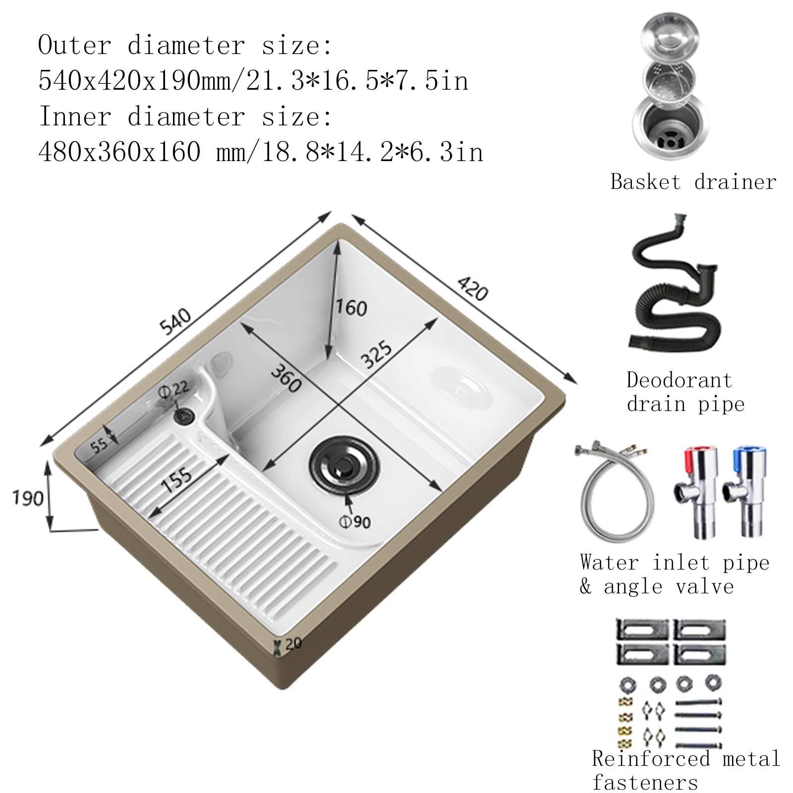 Lavabo de baño rectangular de cerámica blanca，Pila lavadero con tabla de lavar，fregadero multifuncional con grifo，Equipado con grifo extraíble y tabla de lavar, adecuado para cocina, mesa de trabajo,