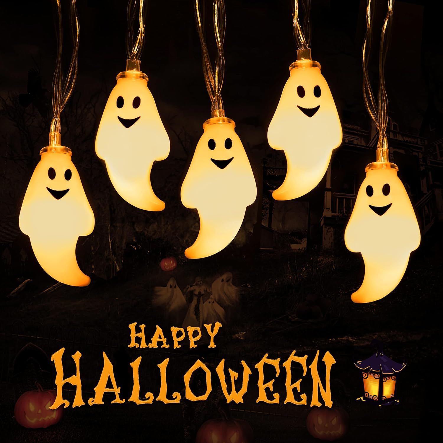 – 30 LED Halloween String Lights, Halloween Decorations, Battery Operated Ghost String Lights, Cute Halloween Lights Indoor for Kids, Fireplace Party Porch Room Halloween Decorations (Warm White)