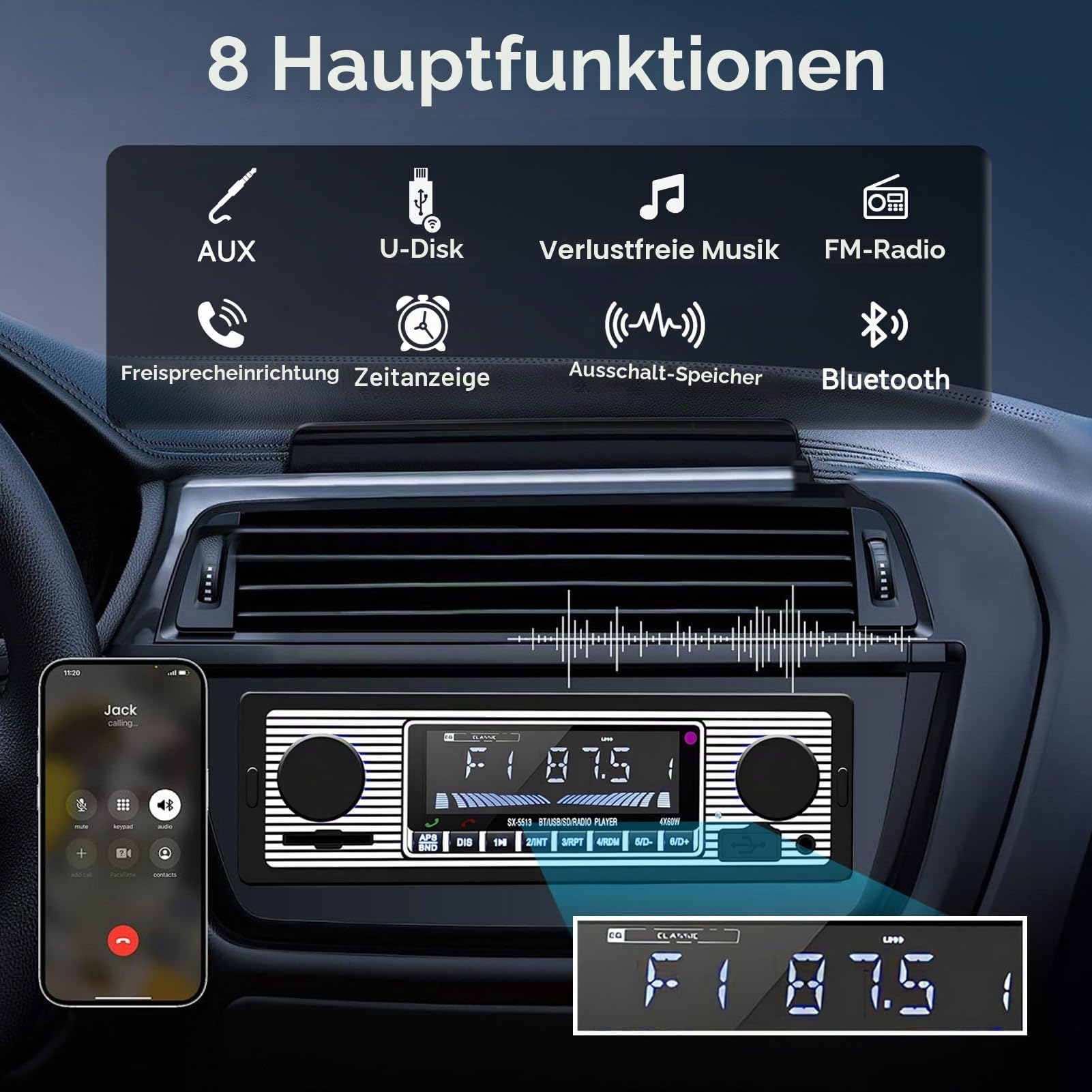 Classic Car Stereo Bluetooth Car Radio 2 Knob Single Din 60WX4 FM Freisprecheinrichtung Autoradio Oldtimer MP3 AUX USB U-Disk Audio mit Fernbedienung