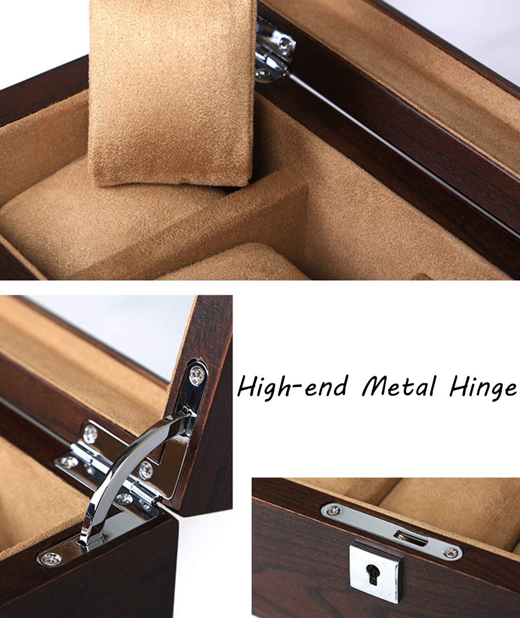Caja de reloj, caja de colección de joyas, soporte organizador, bandeja para pulsera, caja de almacenamiento de exhibición de madera con tapa de vidrio y 5 almohadas de almacenamiento extraíbles
