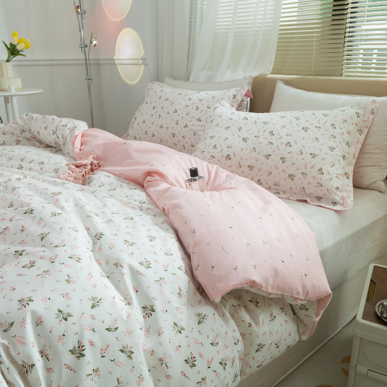 VM VOUGEMARKET Set di biancheria da letto per ragazze, con copripiumino e federe, con motivo floreale rosa e bianco, 100% cotone, con cerniera (3 pezzi, per letto singolo)