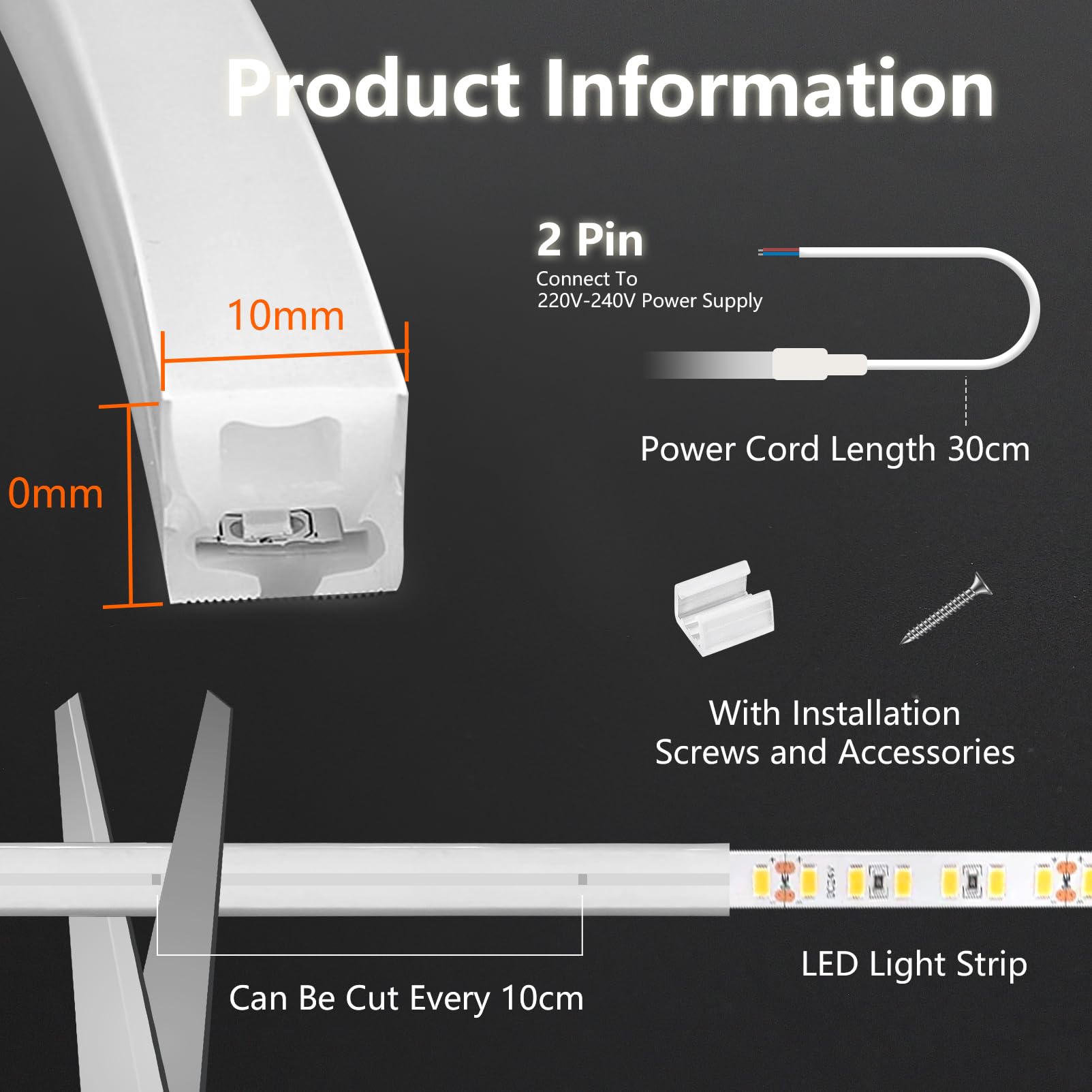 5m Neon LED Streifen Ohne Netzteil 230V Direktanschluss Silikon Wasserdicht Feuerfest IP65 Led Strip Warmweiss 3000K 10mm Zuschneidbar Leds Lichterkette Außen Lichtband Aussenbereich