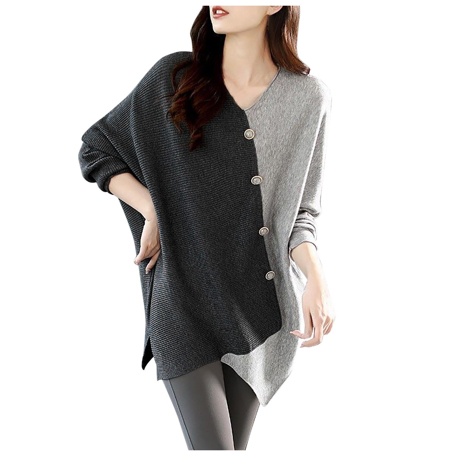 Qolkmuiy-GJ Cardigan à Manches Chauve-souris Pour Femme - Automne Et Hiver - Couleur Unie - Ouvert Sur Le Devant - Décontracté - Ample - Tricot Torsadé, Gris, S