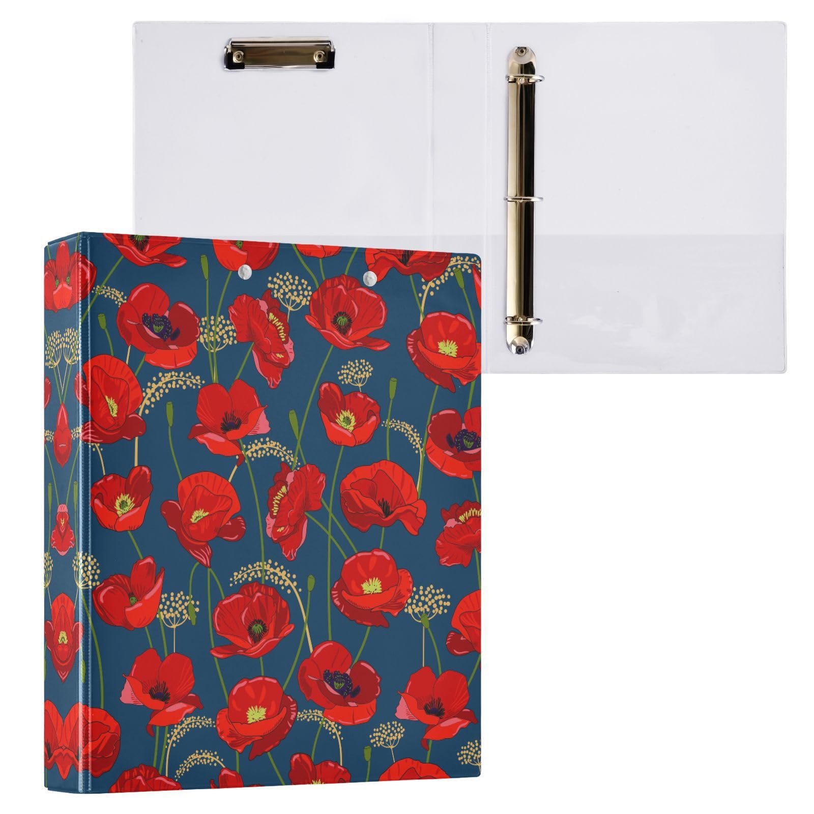 Classeur A4 à 3 Anneaux, Motif Coquelicot, Capacité 200 Feuilles Avec Clip De Maintien | Organisation Bureau Maison école