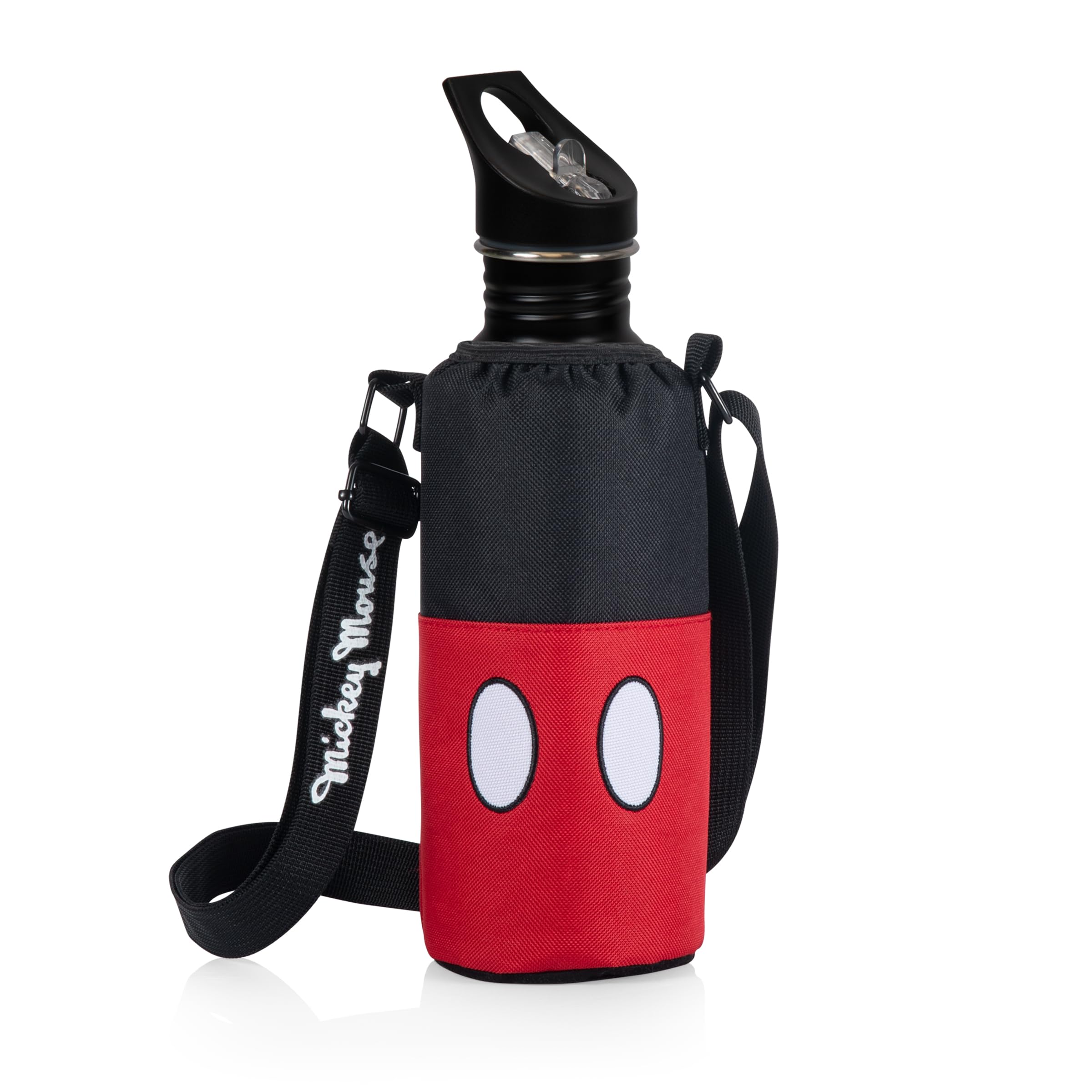 Picnic TIME Disney Mickey Mouse Bottle Cooler Tote with Bottle, Water Bottle Carrier, (Black with Red Pattern)
