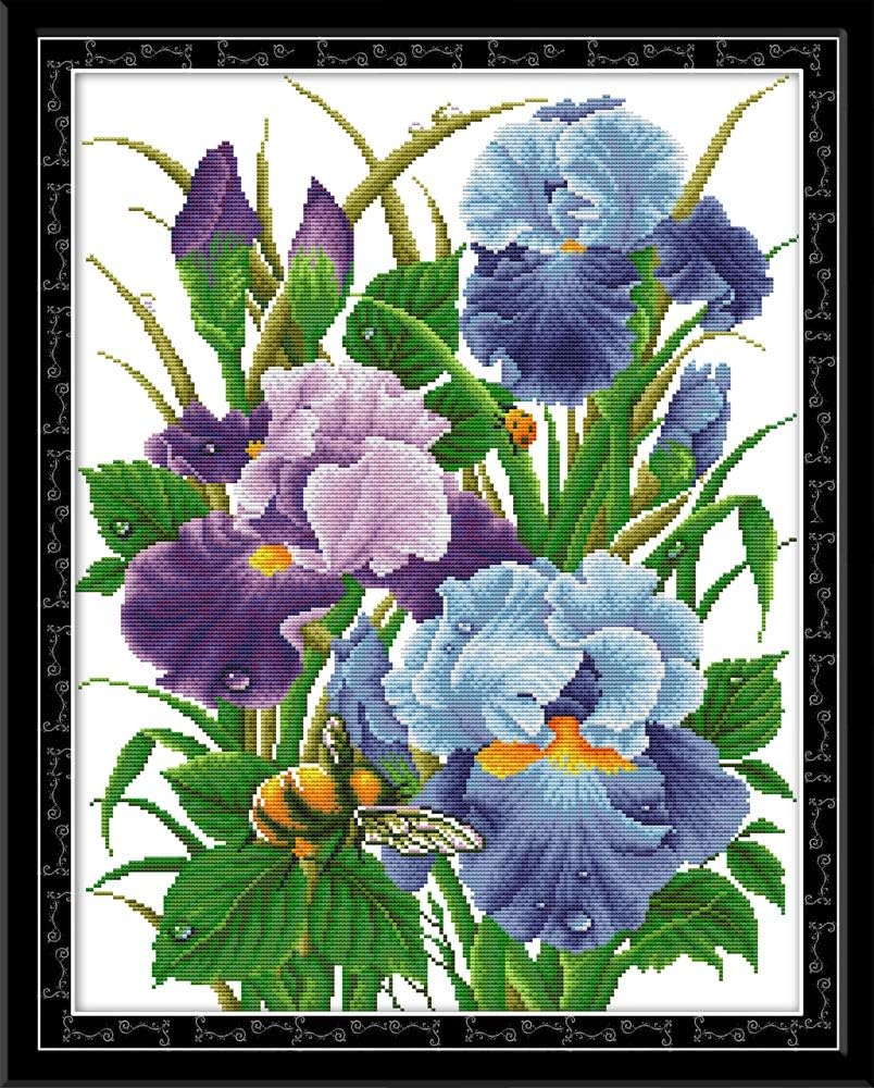 CaptainCrafts Cross Stitch Kits for Adults Counted Kit Unprinted 14CT Fabric Cross Stitching DIY Art DMC Needlecrafts Embroidery Kit for Adults Beginner (White, Iris Flowers)